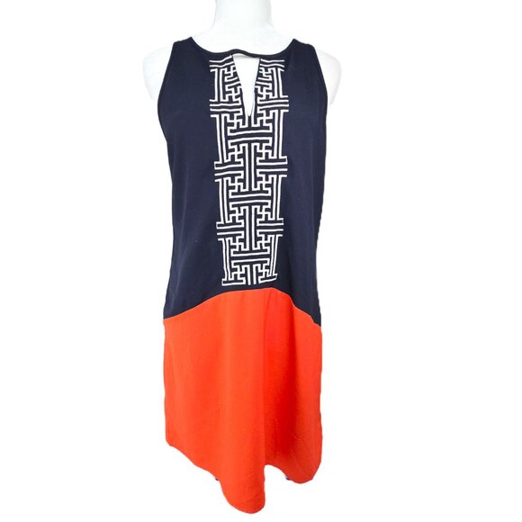 THML Abriana Colorblock Embroidered  Black Orange Sleeveless Shift Dress - Picture 2 of 7